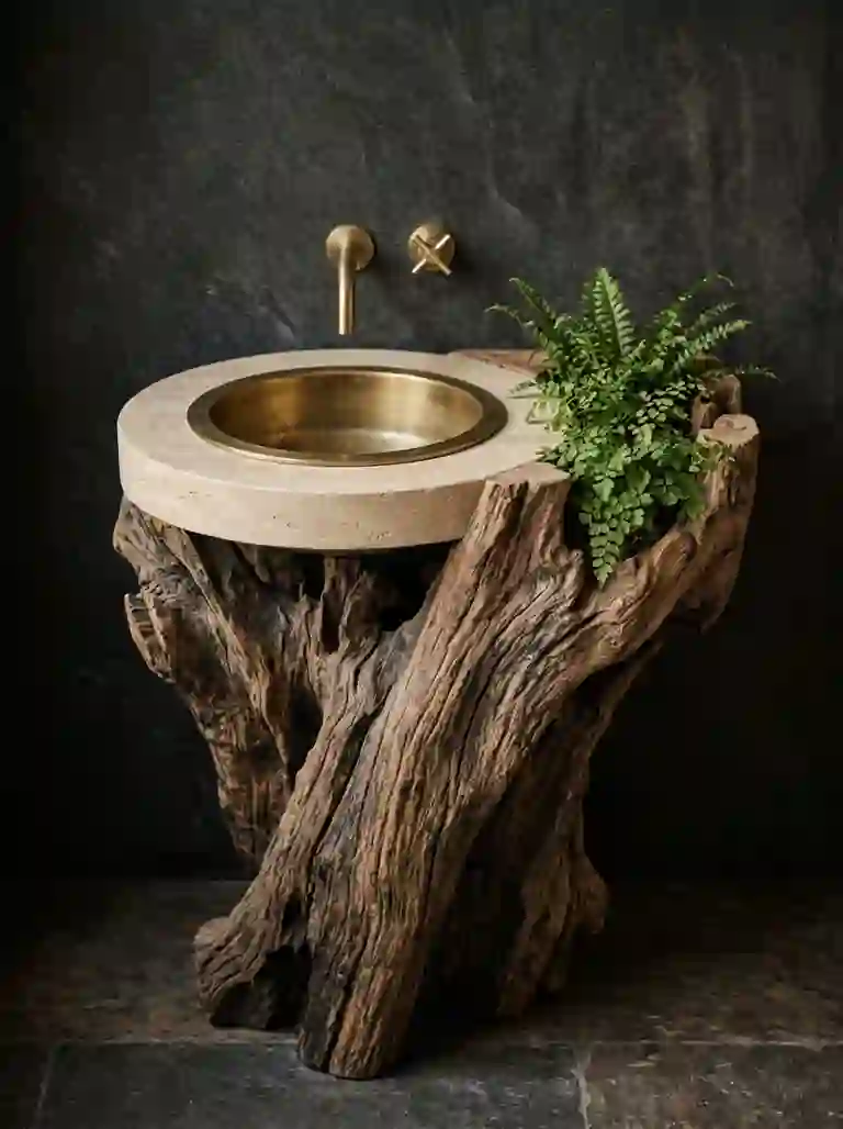 Root sink with bronze basin and integrated fern pocket