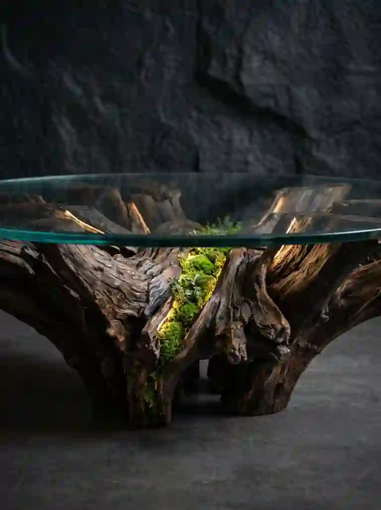 Glass root table with restrained moss seam